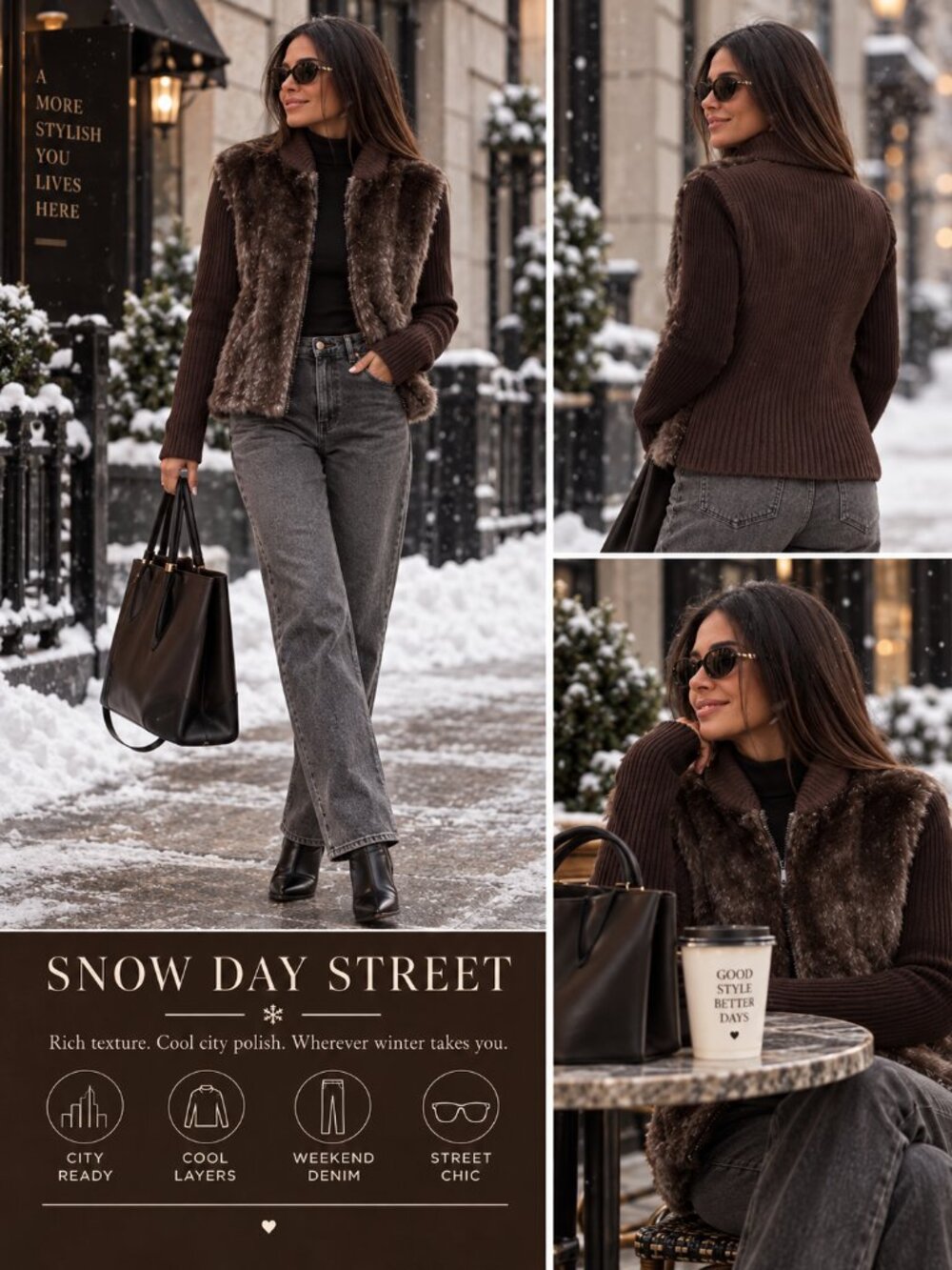 Mixed Media Faux Fur & Ribbed Knit Zip Up Jacket Espresso Brown Size XL